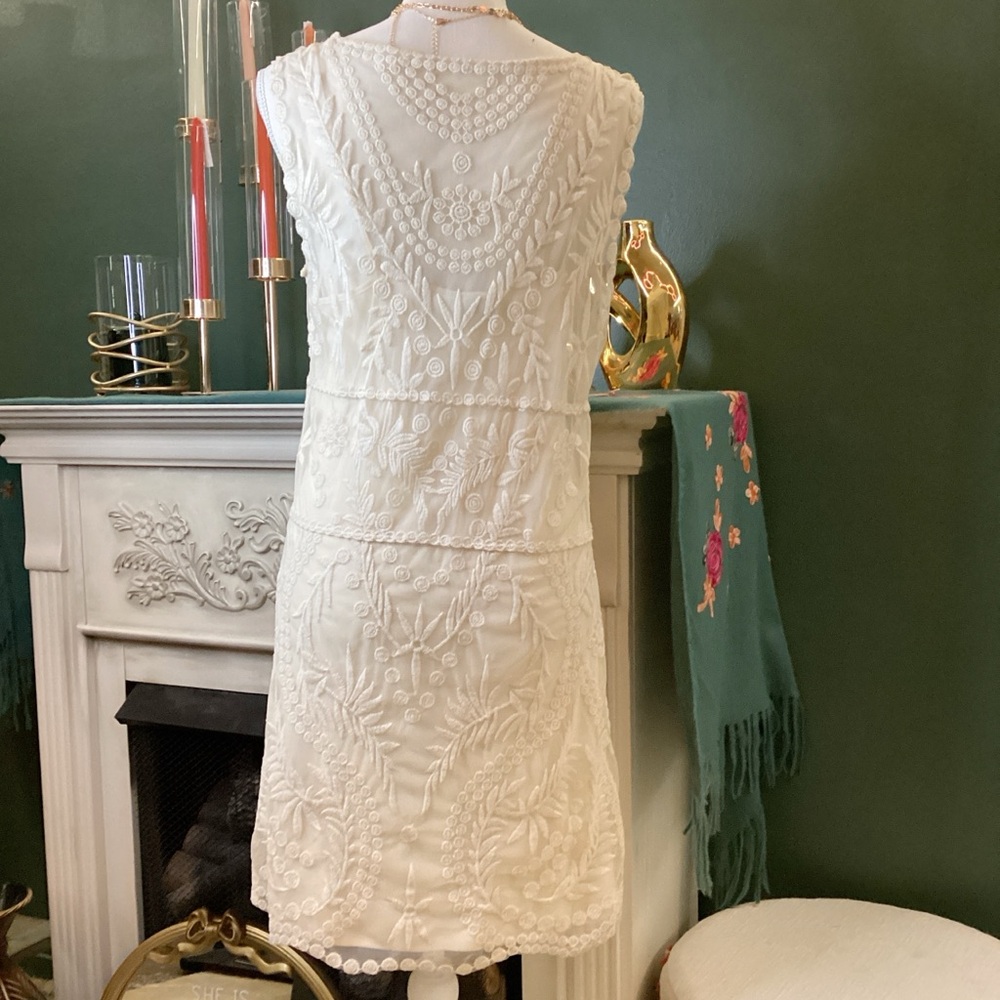 Cream Sleeveless Embroidered A-Line Dress - Picture 2 of 3